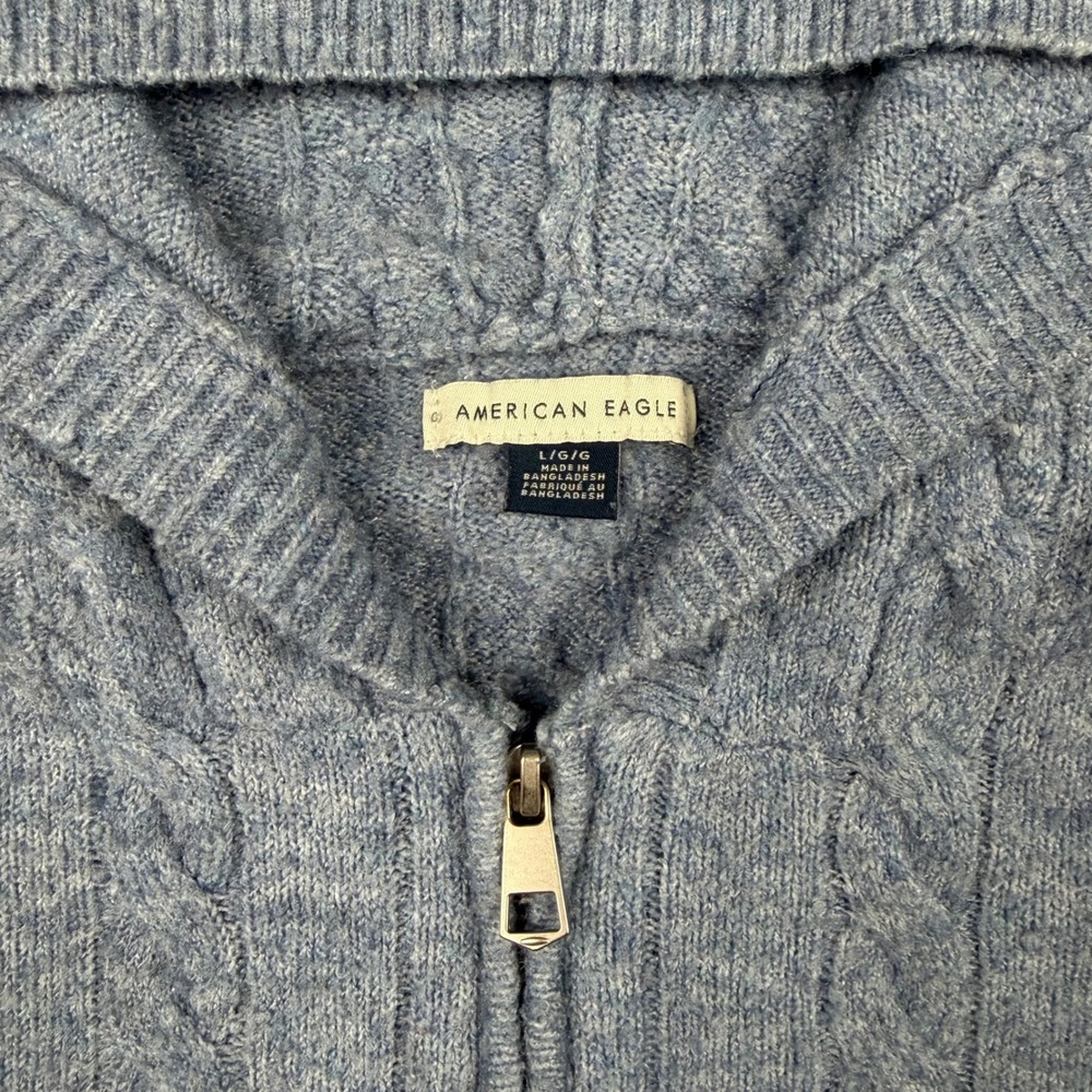 American Eagle Womens Large Blue Cable Knit Soft Full Zip Hoodie Sweater Cropped - Picture 3 of 10